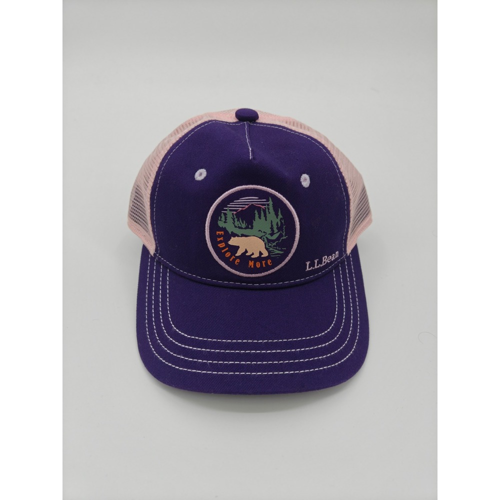 LL Bean Explore More Bear Trucker Hat Purple Pink Mesh Snapback Cap 516275